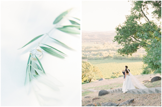 sunset portraits of a bride and groom walking down steps in geyserville california